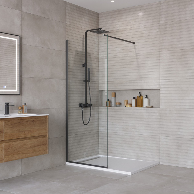 Душевая перегородка BELBAGNO KRAFT-L-1-700-C-NERO с односторонним входом, стекло прозрачное, профиль чёрный, 700x1950 мм KRAFT-L-1-70-C-NERO